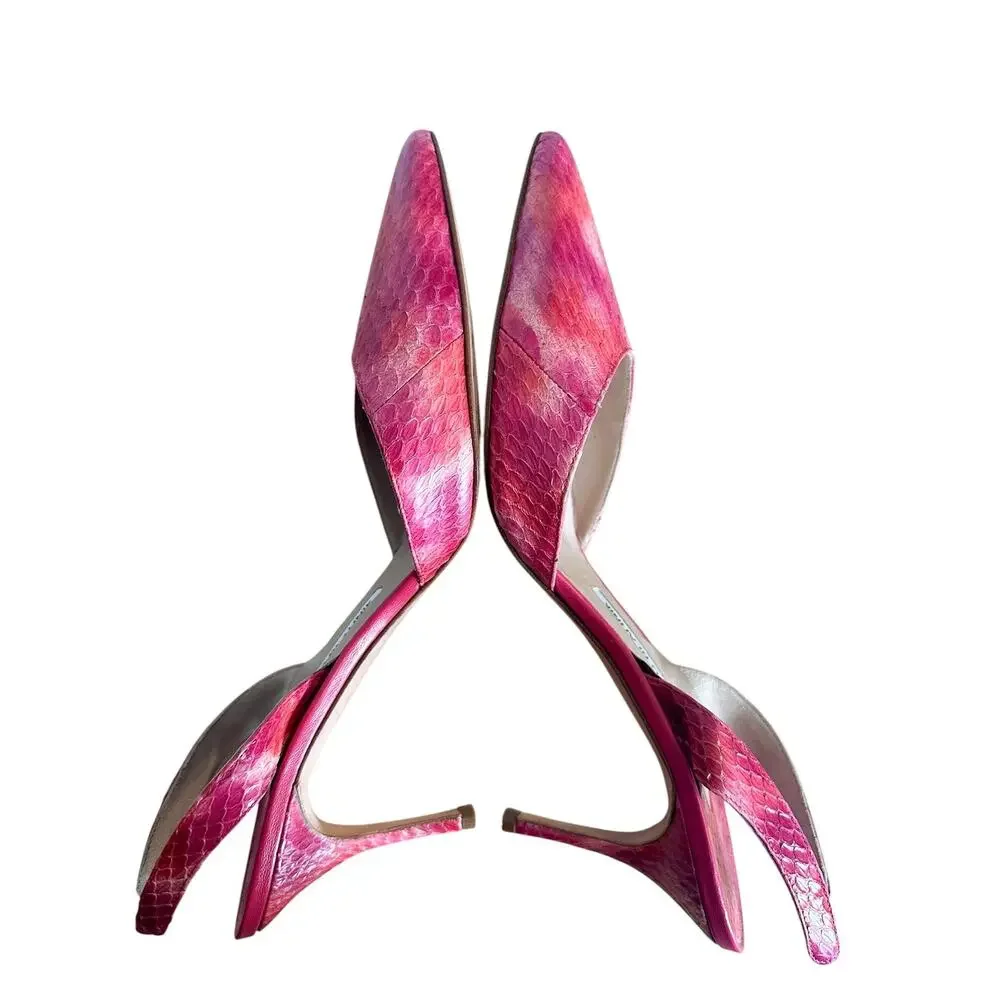 Manolo Blahnik Pink Snakeskin Leather Carolyne Slingback Pointed Toe Pump 39.5